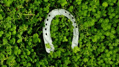 Saint Patrick festive background.Shiny silver horseshoe on green clover background.Irish traditional spring holiday. 4k footage