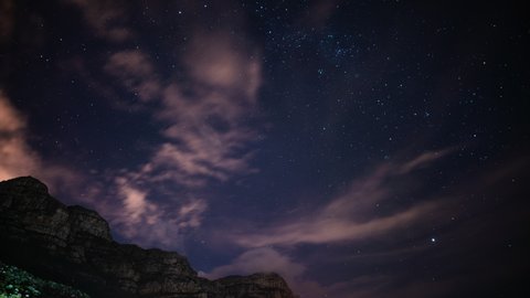 Starry time lapse with clouds, at the Twelve apostles, nighttime in South Africa
