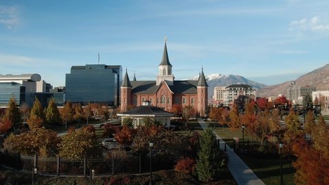 Aerial Establishing Approach Shot of the Provo LDS Mormon Temple