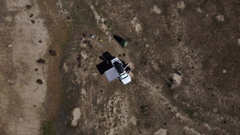 Top-down view of couple car camping in a Subaru Forester in Fruita Colorado, Aerial