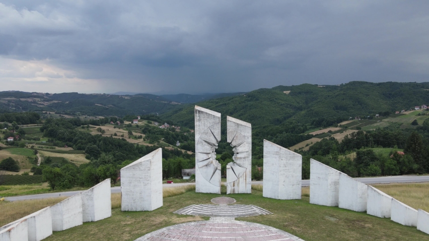 Kadinjaca, Uzice, Zlatibor District, Serbia. Aerial View, WWII Memorial Monument of Partisans Battle Against Nazi Germany, Drone Shot