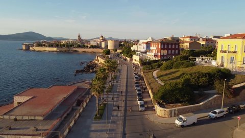 Aerial shot flying over the popular tourist destination of Alghero in Italy