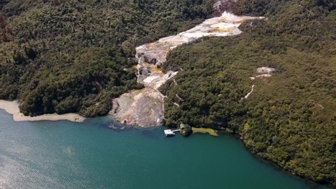 Panoramic View On Orakei Korako Geothermal Area, a tourist attraction in the Taupo Volcanic Zone, New Zealand - aerial drone shot