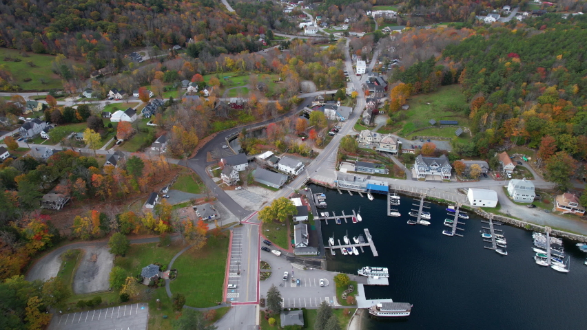 Sunapee Town, New Hampshire USA, Aerial View of Lakefront, Harbor and Colorful Autumn Foliage, Drone Shot
