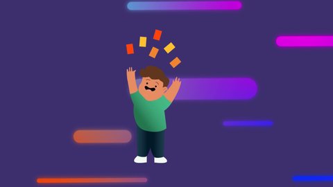 Animation of illustration of happy boy with playing cards over colourful shapes on purple background. childhood, games and celebration concept digitally generated video.