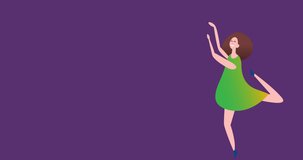 Animation of illustration of happy man and woman dancing for joy, with balloons on purple background. positivity, health and celebration concept digitally generated video.
