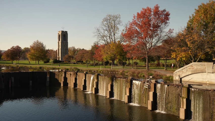 Baker Park Memorial Carillon Bell Tower and Carroll Creek spillway in downtown Frederick, Maryland.