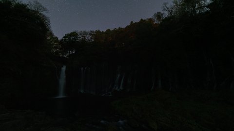 Timelapse pan of starry sky over Shiraito Falls at Fuji-Hakone-Izu National Park in Japan