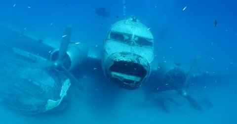 air plane wreck fish around ocean scenery of airplane and metal on ocean floor  scenery