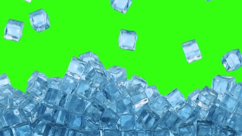 Falling ice cubes isolated on green background. 3d illustration. 4K video.