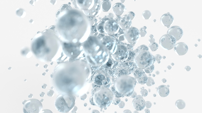 3D render animationn with liquid transparent bubbles explosion and flying away. Nice 3d spheres with reflection. 