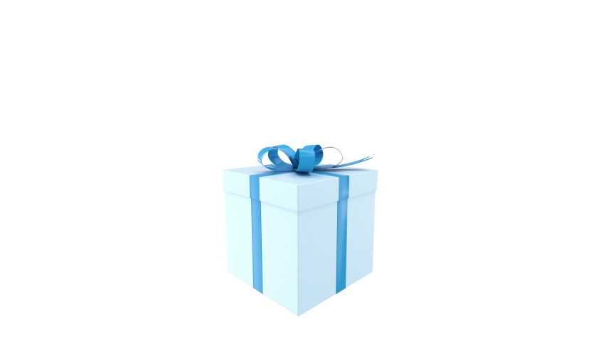 Christmas pastel blue gift box with blue ribbon opening and closed animation. Seamless loop video. Open box looped from 1s to 4s. Alpha channel. 3D rendering box.