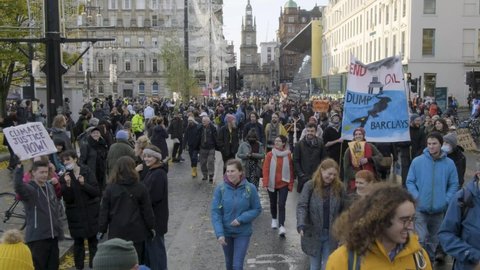 Glasgow , United Kingdom (UK) - 11 06 2021: Over 250000 people march in protest from Kelvingrove park to Glasgow green during COP26.