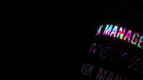 Risk Management colorful text word flicker light animation loop rotation tube with glitch text effect. 4k 3d seamless looping Risk Management glitch effect element for intro, title banner. colorful re