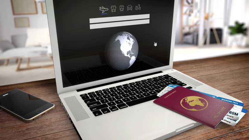 3D rendering: a person enters New York city destination on a laptop