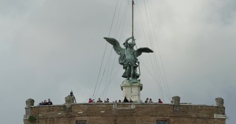 Rome, Italy, 08-01-20. Front view of the top of Castel Sant'Angelo in Rome from Ponte Sant'Angelo. Slow motion 50fps 4k