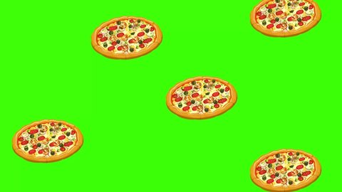 Pizza Raining Seamless Animation Loop in 4K. 3D Rendered Pizza Raining on Green Screen