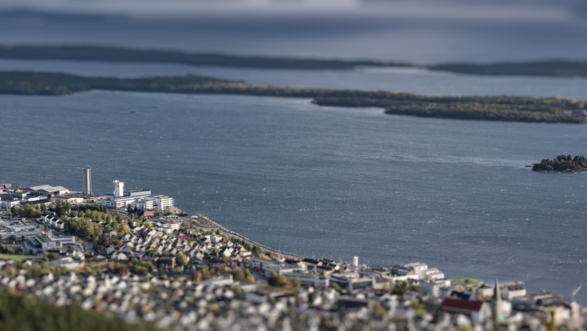 Aerial view of Molde city and the coastal archipelago in the Fannefjord, Norway.