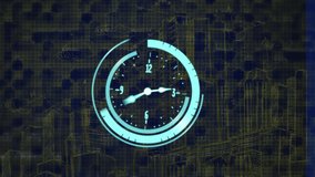 Animation of moving clock over cityscape on blue background. global development, engineering and data processing concept digitally generated video. - Powered by Shutterstock - Get 15% off with code: PIKWIZARD15