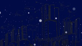 Animation of moving clock over snow falling and cityscape on blue background. global development, engineering and data processing concept digitally generated video.