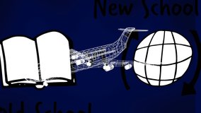 Animation of digital brain and 3d airplane model spinning over school icons on blue background. global development, engineering and data processing concept digitally generated video.