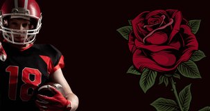Animation of male american football player with ball pointing, over red rose on black background. sports, competition, college american football concept digitally generated video.