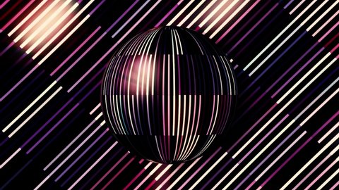 Close up of a colorful reflective disco mirror ball slowly rotating on a colored striped background. Motion. Mirror ball spinning on a black back backdrop, seamless loop.