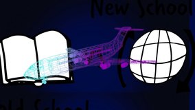 Animation of globe and book with 3d airplane model spinning on blue background. global development, engineering and data processing concept digitally generated video. - Powered by Shutterstock - Get 15% off with code: PIKWIZARD15