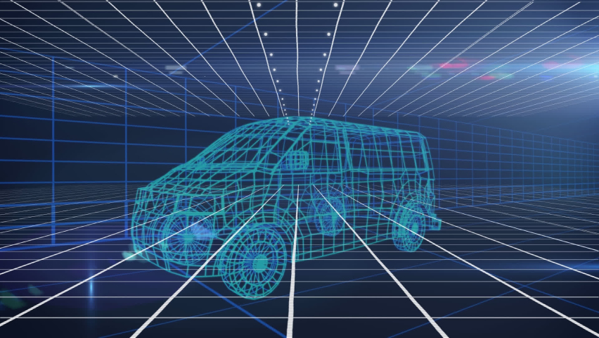 Animation of data processing over 3d drawing model of van and grid. global engineering, data processing and digital interface concept digitally generated video. - Powered by Shutterstock - Get 15% off with code: PIKWIZARD15
