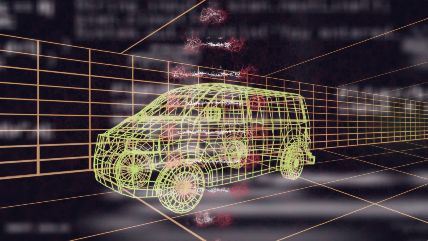 Animation of dna strand spinning over 3d drawing model of van and grid. global engineering, data processing and digital interface concept digitally generated video. - Powered by Shutterstock - Get 15% off with code: PIKWIZARD15