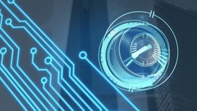 Animation of scope scanning, clock moving fast and computer motherboard. global data processing, technology and digital interface concept digitally generated video. - Powered by Shutterstock - Get 15% off with code: PIKWIZARD15