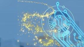 Animation of shooting star, computer circuit board and scope scanning over star on blue background. global technology, data processing and digital interface concept digitally generated video. - Powered by Shutterstock - Get 15% off with code: PIKWIZARD15