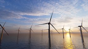 4K Ultra Hd. Wind turbines in sea and sunset sky. 