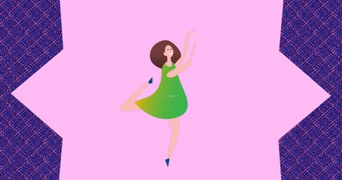 Animation of illustration of happy woman dancing for joy, over pink shape, on purple background. positivity, health and celebration concept digitally generated video.