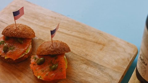 I put the glass of ice on the table. Smoked Salmon Bagel. 4k video