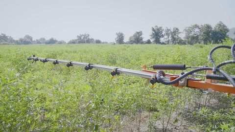 Daylight moving shot of a boom sprayer machine vehicle is spraying Pesticides or fertiliser in an agricultural farming or crop plantation field in the South Asian region. Concept of modern agriculture