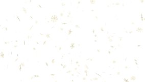 Golden snowflakes falling slowly from the sky. White winter background, overlay. Abstract snowfall. 59,94 fps