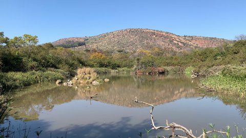 Krugersdorp, South Africa - 22nd June 2021: Lake view as seen from a bird hide at National Botanical Garden