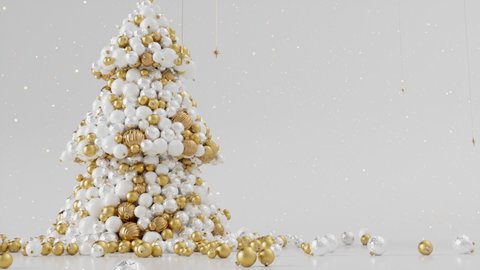 3D Christmas Tree Animation FHD with copy space on red. Xmas tree baubles animate to form Christmas Tree. Add your message or copy