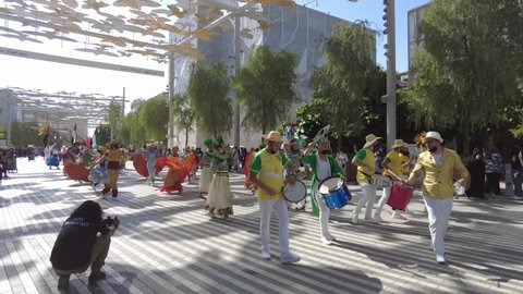Dubai, UAE - November 15, 2021: Daily Parade at the Expo 2020 in Dubai. Unique cultural moving celebration.