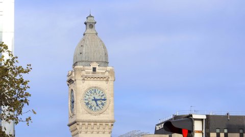 Paris, France - October 2021 : Tour de l'Horloge, the clock tower and belfry of the Gare de Lyon railway station in Paris, France