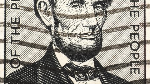 Samara, Russia - October 11, 2021: Abraham Lincoln portrait on the old postage stamp