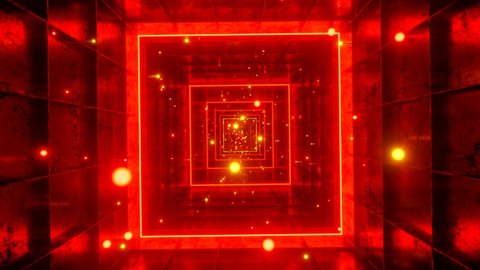 4K seamless loop motion graphics of flying into square red rotation tunnel with blinking particles. 3D render animation. Sci-fi, VFX, Hadron Collider motion background