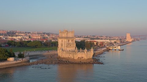Lisbon, Portugal, aerial view of Belem Tower, Torre de Belem. By the Tagus river at sunset, yachts and boats on the river