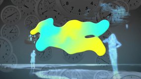 Animation of yellow and blue shape over data processing and moving clocks. global communication, data processing and digital interface concept, digitally generated video. - Powered by Shutterstock - Get 15% off with code: PIKWIZARD15