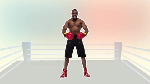 Stop motion design. art 2D animation. African american man as happy winner after boxing over color background. Funny boxer. Modern, conceptual, contemporary bright 4k collage. Digital composite video