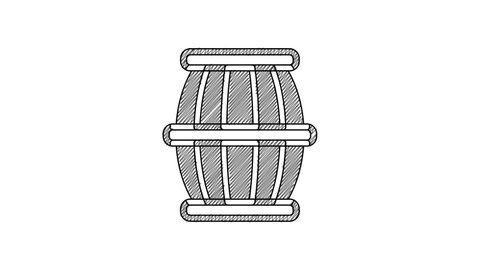 Black line Gun powder barrel icon isolated on white background. TNT dynamite wooden old barrel. 4K Video motion graphic animation.
