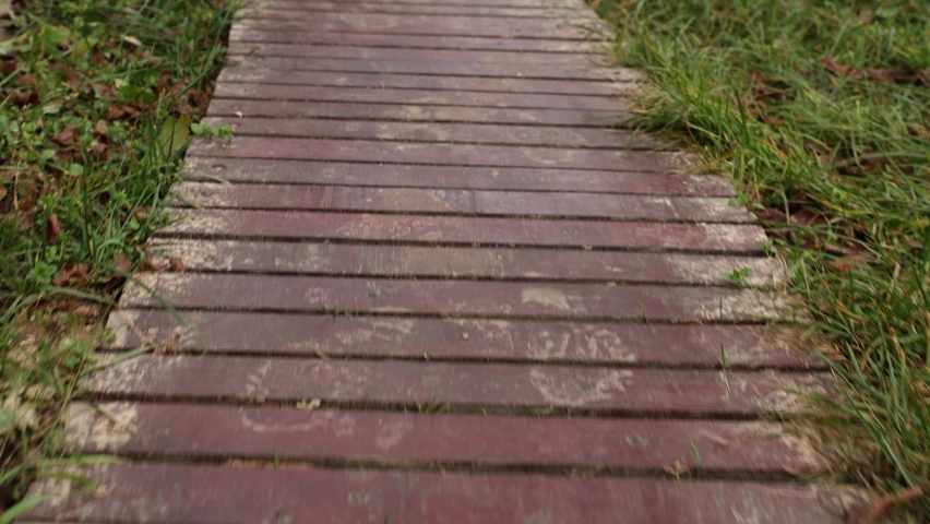 Walking on wooden pathway close up