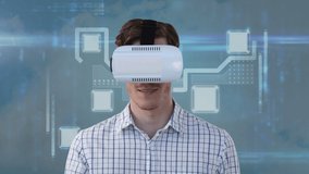Animation of caucasian man wearing vr headset over data processing and sky. global communication, data processing and digital interface concept, digitally generated video.
