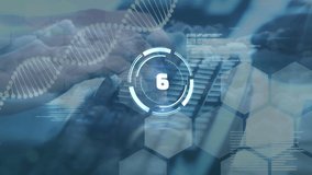 Animation of scope scanning, dna strand and data processing over hands typing on keyboard. global communication, data processing and digital interface concept, digitally generated video. - Powered by Shutterstock - Get 15% off with code: PIKWIZARD15